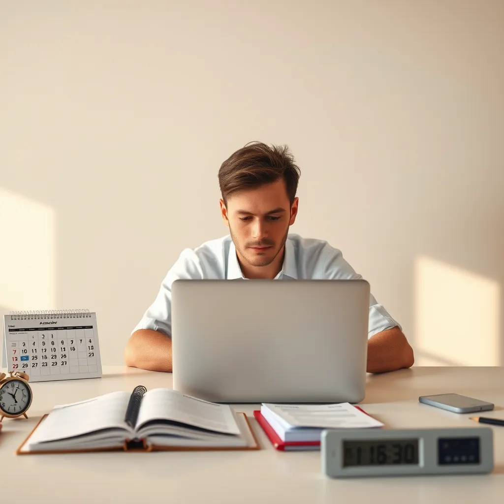 A hyperrealistic 8K image capturing a minimalistic and clean workspace. In the center, a person with ADHD is working on a laptop with a focused expression. The workspace is organized, with a calendar, a planner, and a timer visible on the desk. The light is soft and warm, creating a calm and inviting atmosphere. The image is styled with a focus on functionality and efficiency, showcasing how these tools help individuals with ADHD manage their time effectively. The laptop screen should display a calendar app or time-tracking software with a clear and intuitive interface.  The planner should be open, with handwritten notes and appointments neatly organized. The timer should be set with a clear display of remaining time. The image should exude a sense of calm and control, highlighting the organization and structure provided by these tools.