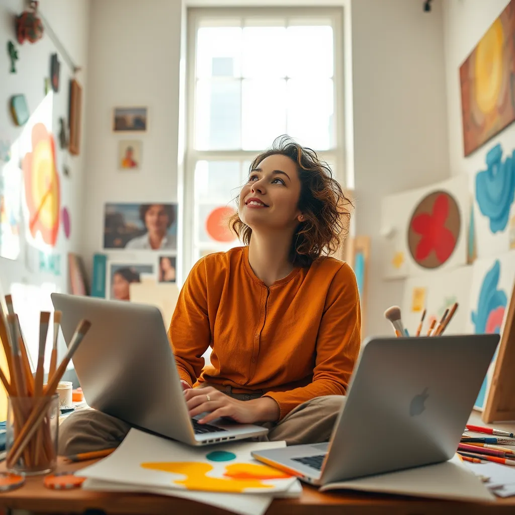 A person, perhaps an artist or writer, sitting in a bright, airy studio space. They are surrounded by creative materials such as paints, brushes, paper, and a laptop. They are in the midst of a creative process, with a look of inspiration and focus on their face. The image should convey a sense of flow, creativity, and clarity. The lighting should be bright and natural, with a soft, diffused glow. The color palette should be vibrant and energetic, featuring bold colors like red, yellow, and blue. The camera angle should be low, looking up at the person, emphasizing their creative energy. The image should be highly realistic, with detailed textures and vibrant colors. The background should include a variety of creative materials and tools, and perhaps a window with a view of a bustling cityscape. The overall mood should be one of inspiration, energy, and clarity. Style:  Inspired by the work of  Alex Katz or David Hockney. 8K resolution, photorealistic, ultra-detailed.