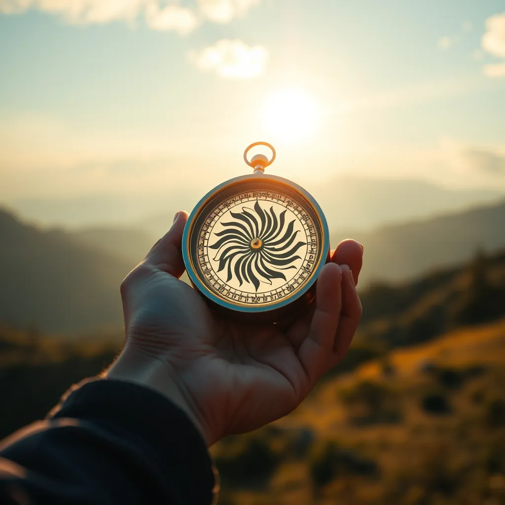 A person holding a shining compass with a swirling pattern inside. They are surrounded by a peaceful landscape with a warm glow, representing the power of Emoflex to guide them toward positive change and a fulfilling life.