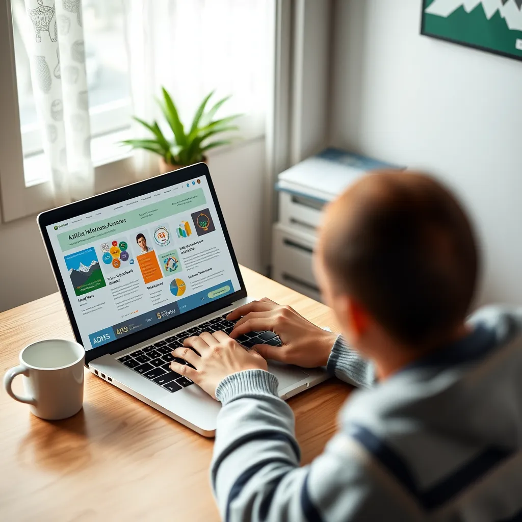 A person is sitting at a desk, using a laptop and browsing through a variety of informative websites and resources on ADHS and Autismus. They have a cup of coffee and a book on the desk, signifying a comfortable and focused work environment. The laptop screen displays helpful infographics and articles related to ADHS and Autismus. The image conveys a sense of empowerment and self-discovery through research and knowledge.