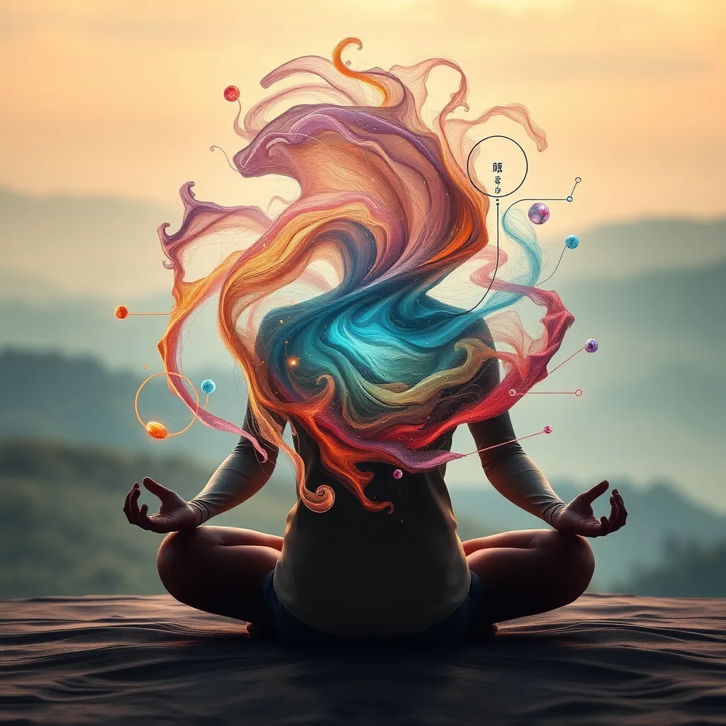 A person meditating in a peaceful setting, with swirling colors and shapes around them, representing the process of transforming stress into inner images. The background is a serene landscape with soft lighting and a peaceful atmosphere.