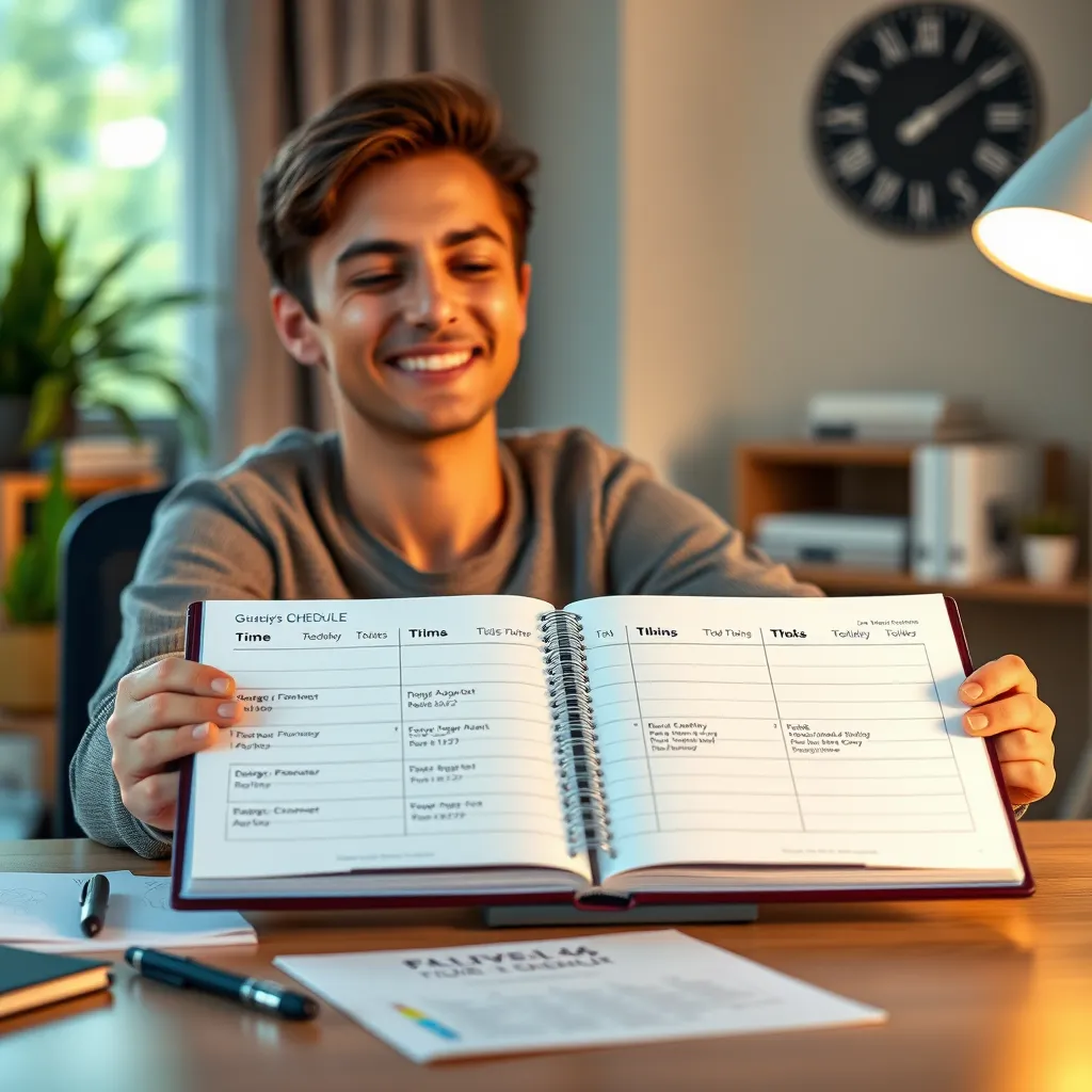 A person sitting at a desk, looking relaxed and focused, with a schedule planner open in front of them. The schedule includes tasks with reasonable time estimates and breaks throughout the day.