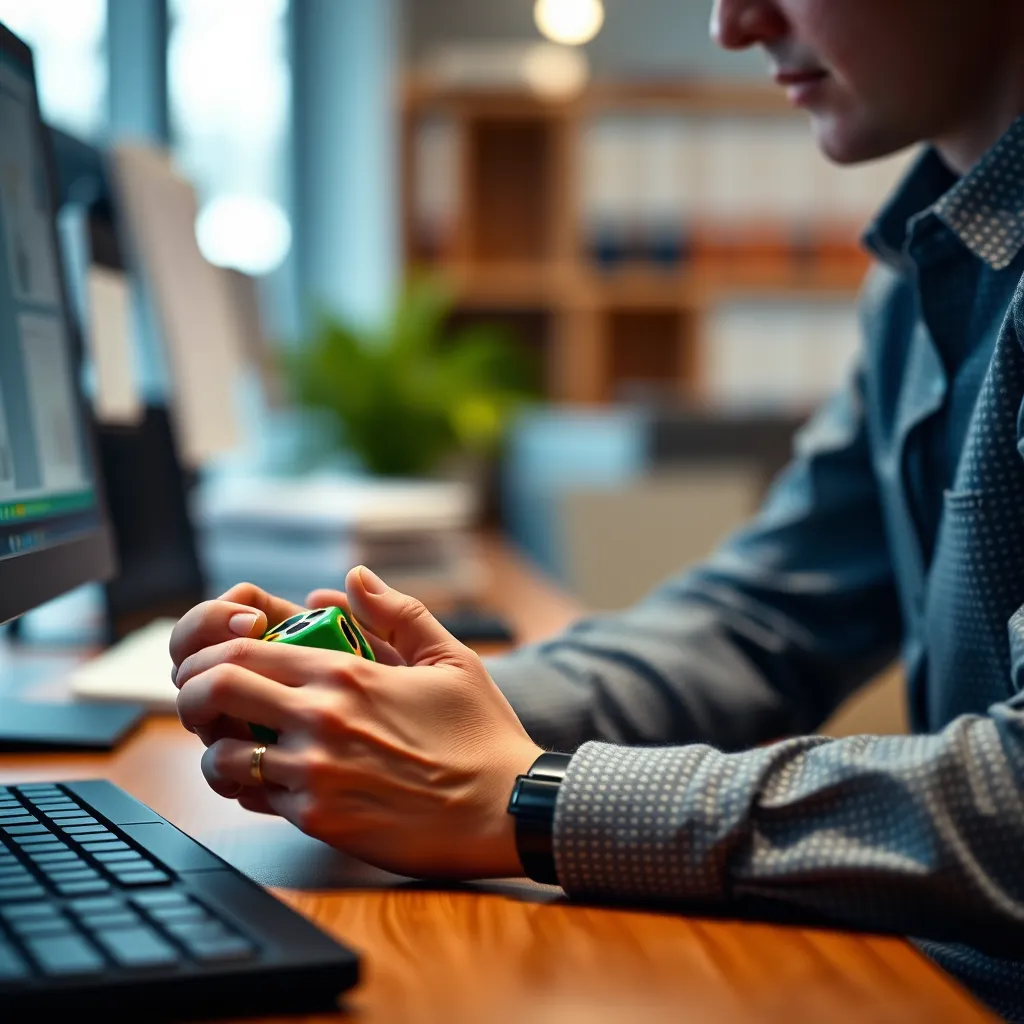 A person sitting at a desk, using a fidget cube while working on a computer. The image should focus on the person's hands interacting with the fidget cube, showcasing its calming effect. The background should be a typical office environment, emphasizing the use of the fidget toy as a tool for focus.