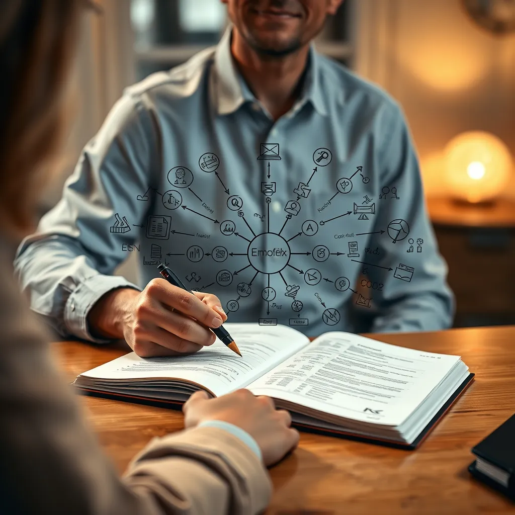 A person sitting at a desk, with a notebook open in front of them. They are drawing a complex, multi-layered diagram with symbols and interconnected elements, representing their personalized Emoflex toolkit. The image should be detailed and visually captivating, showcasing the power of visual representation in stress management.