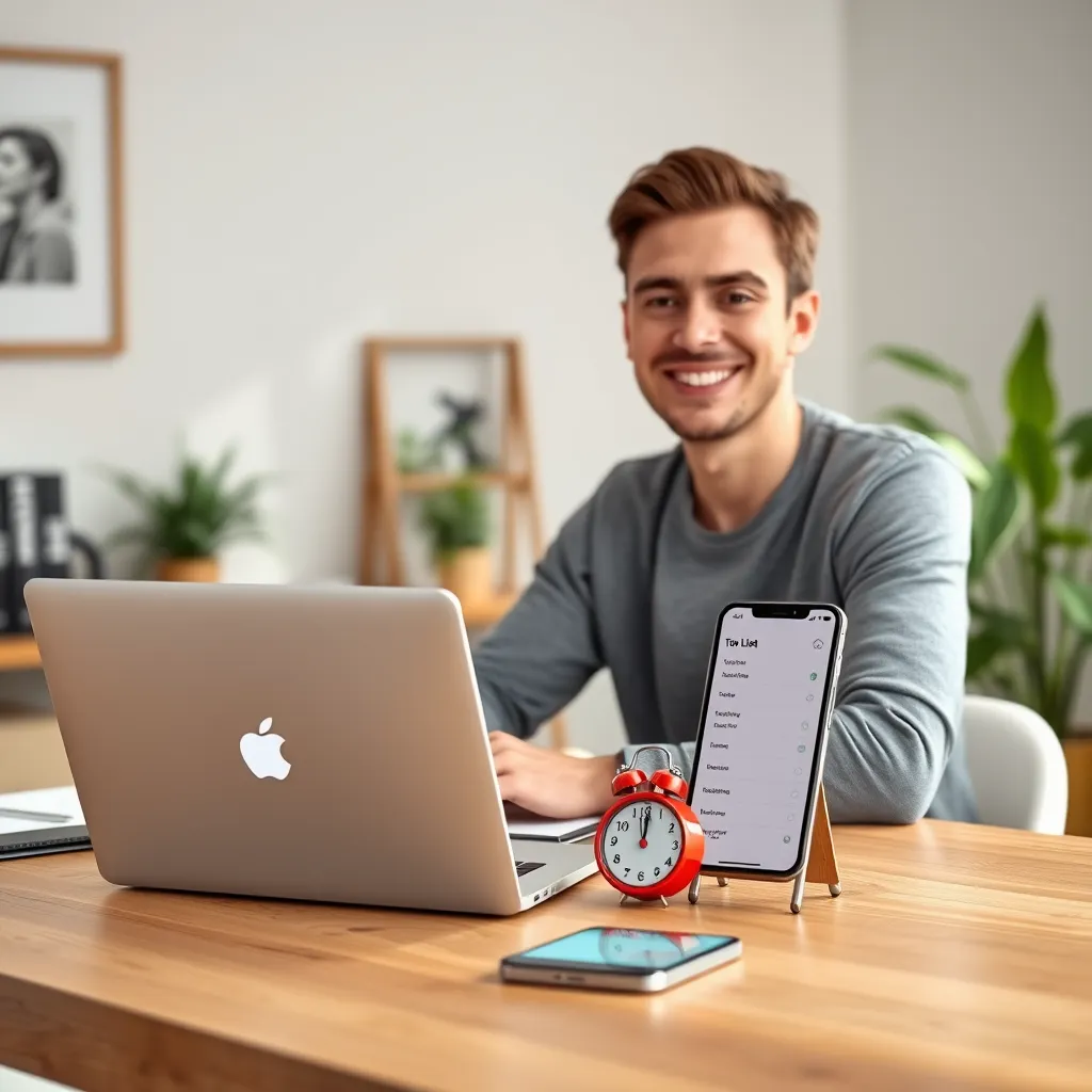 A person sitting at a desk with a laptop, a Pomodoro timer on the table, and a smartphone open to a to-do list app. The background is a home office with a minimalist aesthetic, natural light, and plants. The person is smiling and looking focused.