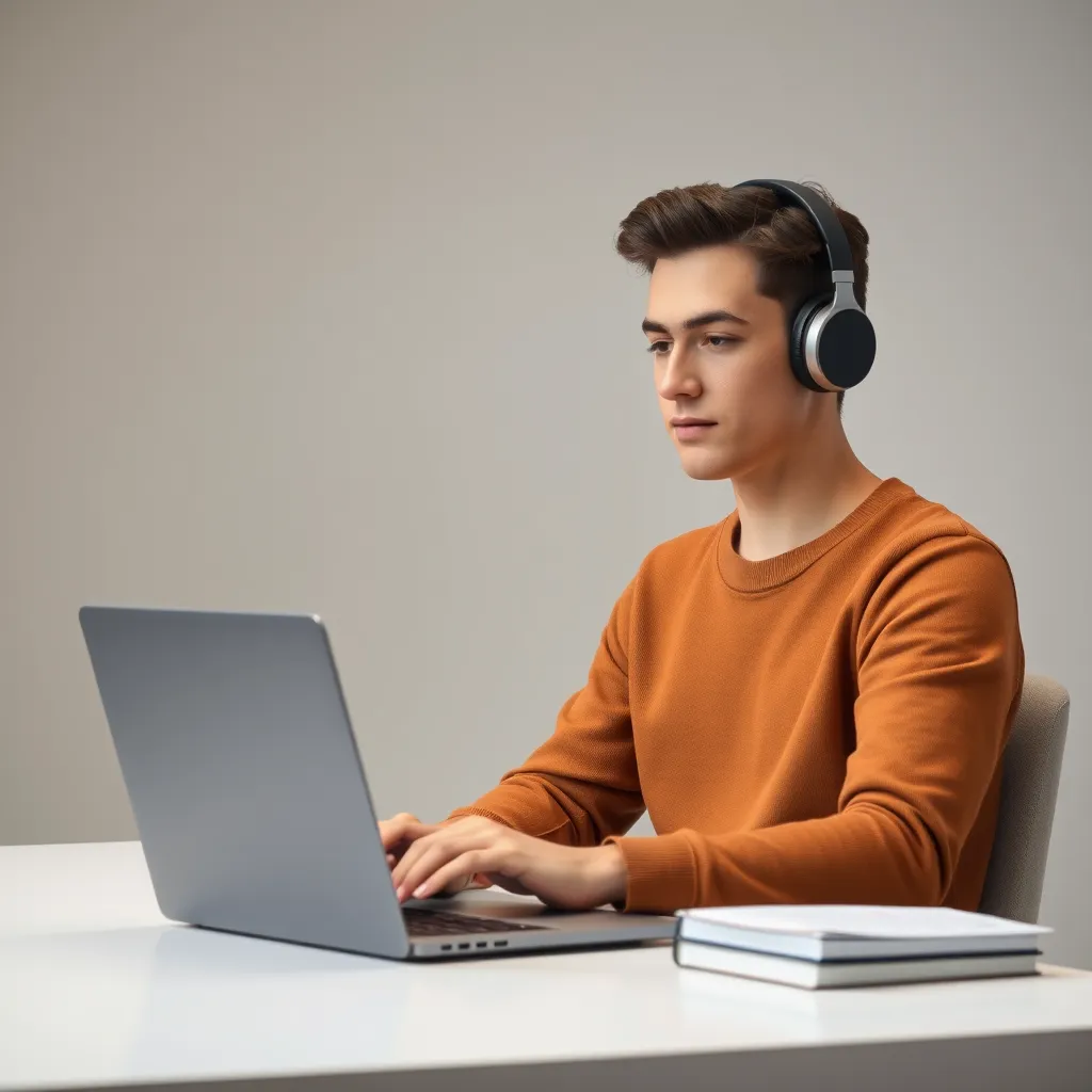 A person sitting at a desk with a laptop, wearing noise-cancelling headphones. The person is focused and relaxed, with a calm and serene background. The image should convey the feeling of peace and quiet, ideal for focusing on work or study.