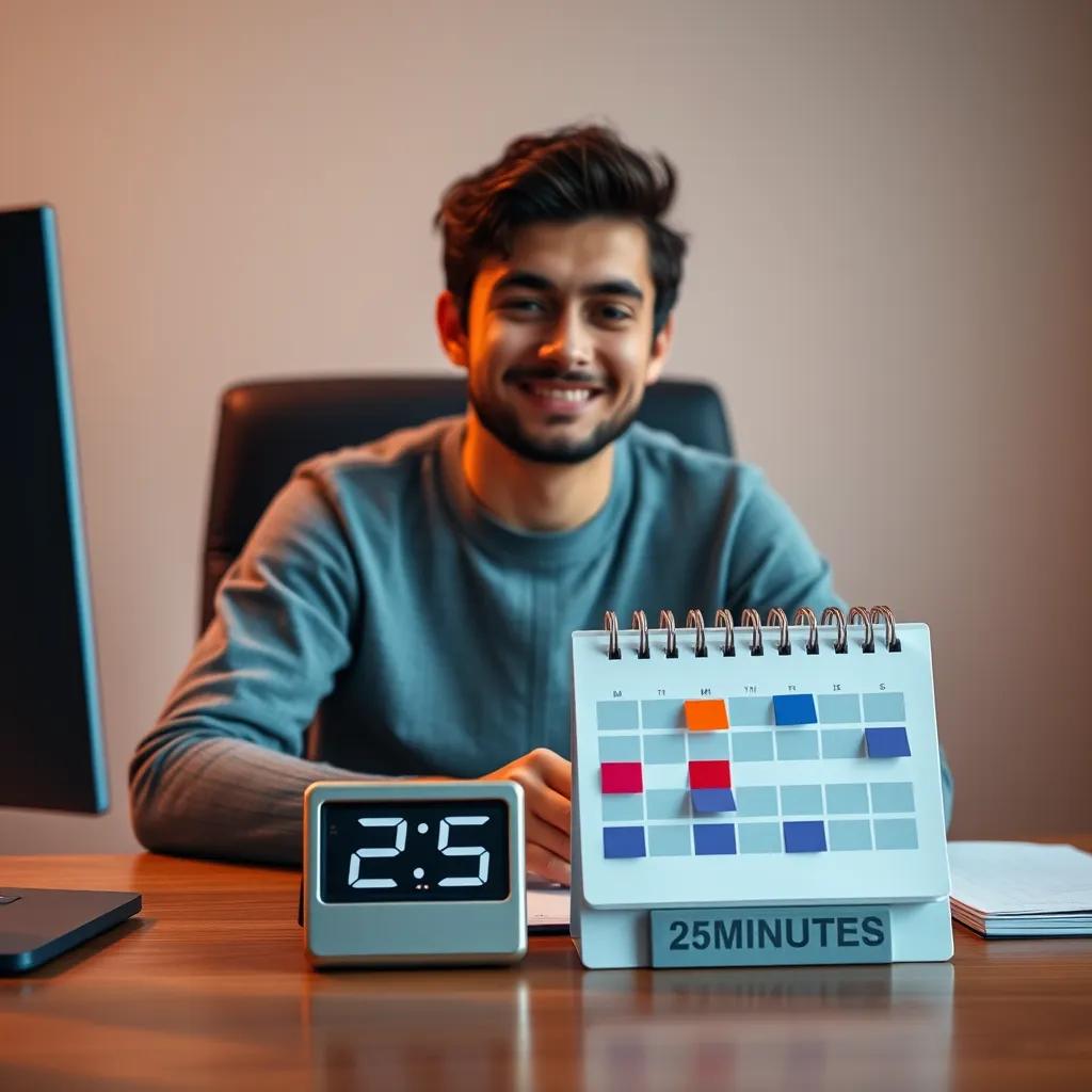 A person sitting at a desk with a calendar and a timer in front of them. The calendar has different colored blocks representing different tasks. The timer is set for 25 minutes and is counting down. The person is smiling and looks focused.