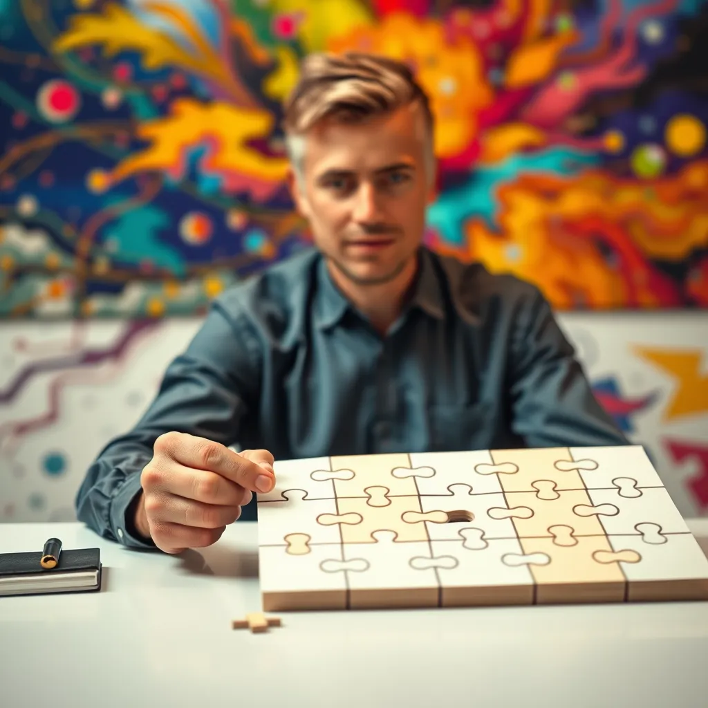 A person sitting at a desk with a large, complex task represented by a puzzle.  The person is holding a smaller puzzle piece, representing a manageable subtask.  The background is a vibrant, abstract design, suggesting the complexity of the larger task.  The image conveys a sense of focus and determination.