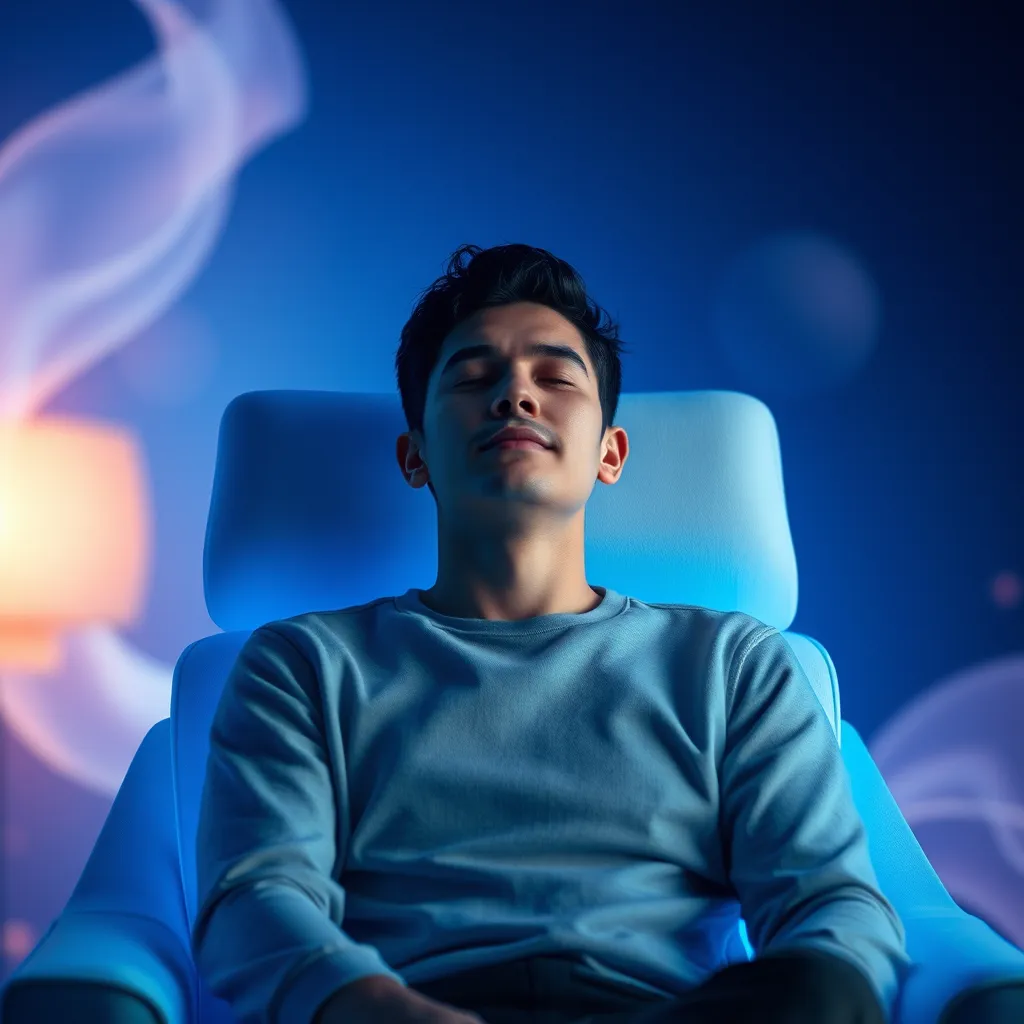 A person sitting in a comfortable chair with their eyes closed, surrounded by a calming blue light. The person appears relaxed and at peace. The background features abstract shapes and colors, symbolizing the processing and release of stress and anxiety.