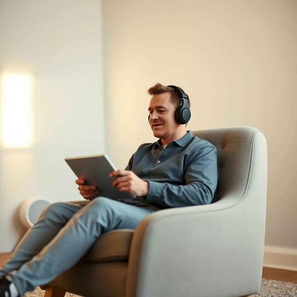 A person sitting in a comfortable chair in a quiet room, wearing noise-cancelling headphones and holding a tablet.  The background is a minimalist room with a soft light and a white noise machine in the corner, creating a calming atmosphere.