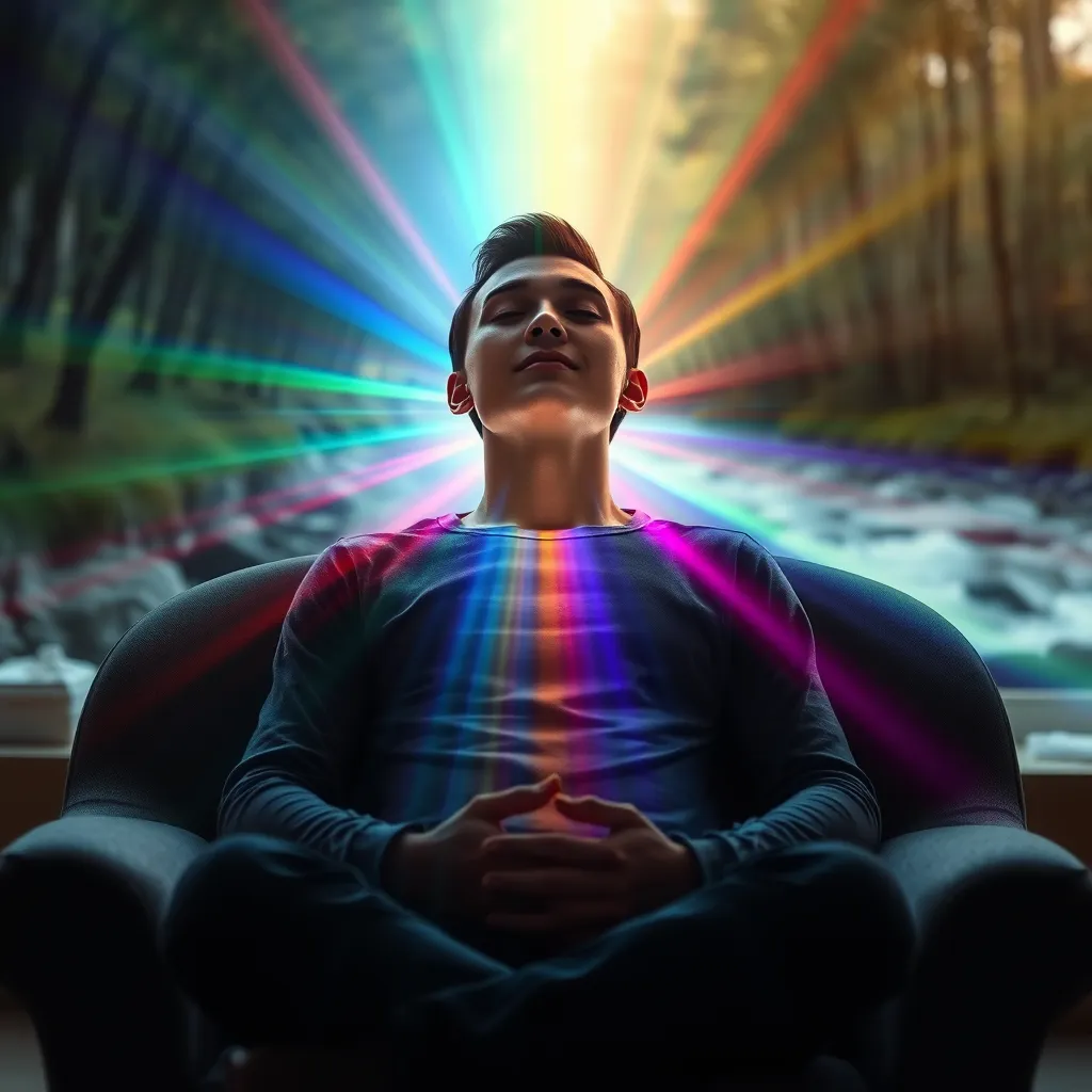 A person sitting in a comfortable chair, eyes closed, with their hands resting on their lap. Light beams of different colors are gently flowing around their body, creating a calming atmosphere. In the background, a calming scene of a tranquil forest with a flowing river and a soft, warm glow. The person's face is relaxed and peaceful, radiating a sense of inner calm and tranquility.