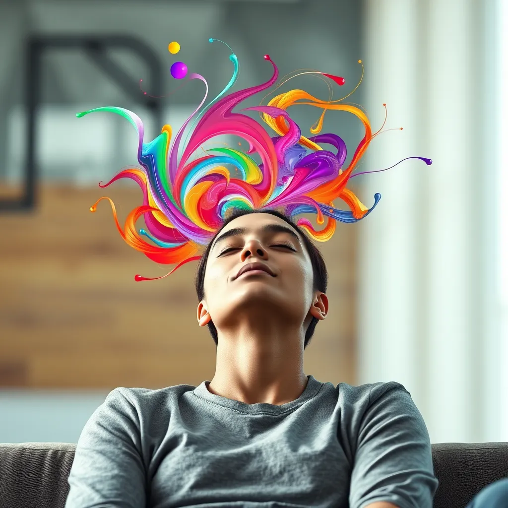 A person sitting in a comfortable position, eyes closed, with a vibrant and colorful swirling pattern of abstract shapes and lines emanating from their head, representing their internal mental state. The background is blurred, focusing on the person and the abstract imagery. The overall image conveys a sense of peace and tranquility.