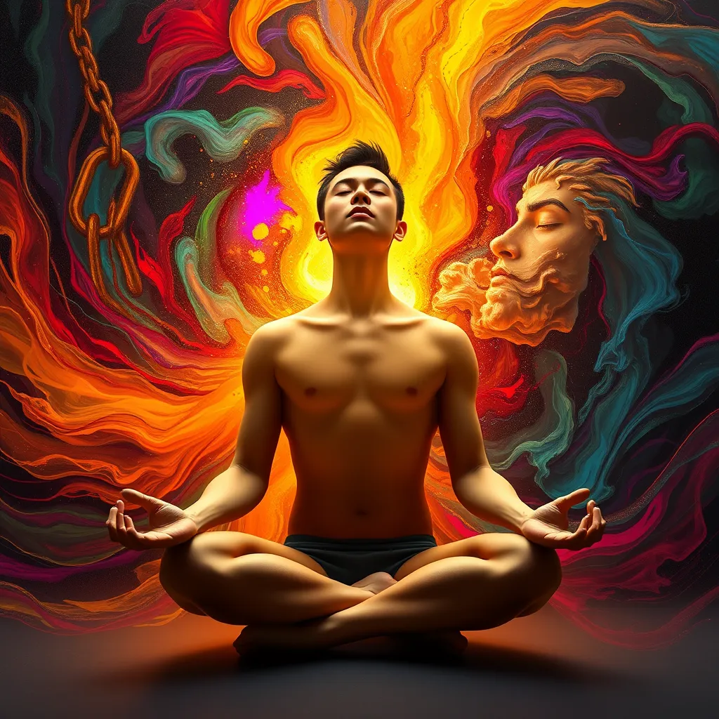 A person sitting in a meditative pose with their eyes closed, surrounded by a swirling energy of vibrant colors. The colors are breaking apart, revealing a clear, calm space within. This space is filled with warm, golden light. In the background, abstract representations of emotional blockades, such as chains, bars, or dark clouds, are fading away.