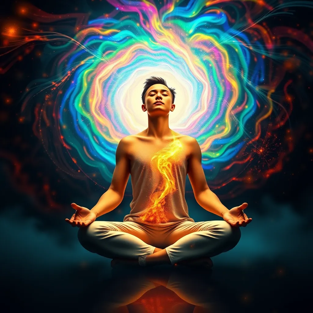 A person sitting in a meditation pose with their eyes closed, surrounded by a swirling vortex of colorful energy. The energy represents emotional blockages being released and transformed.