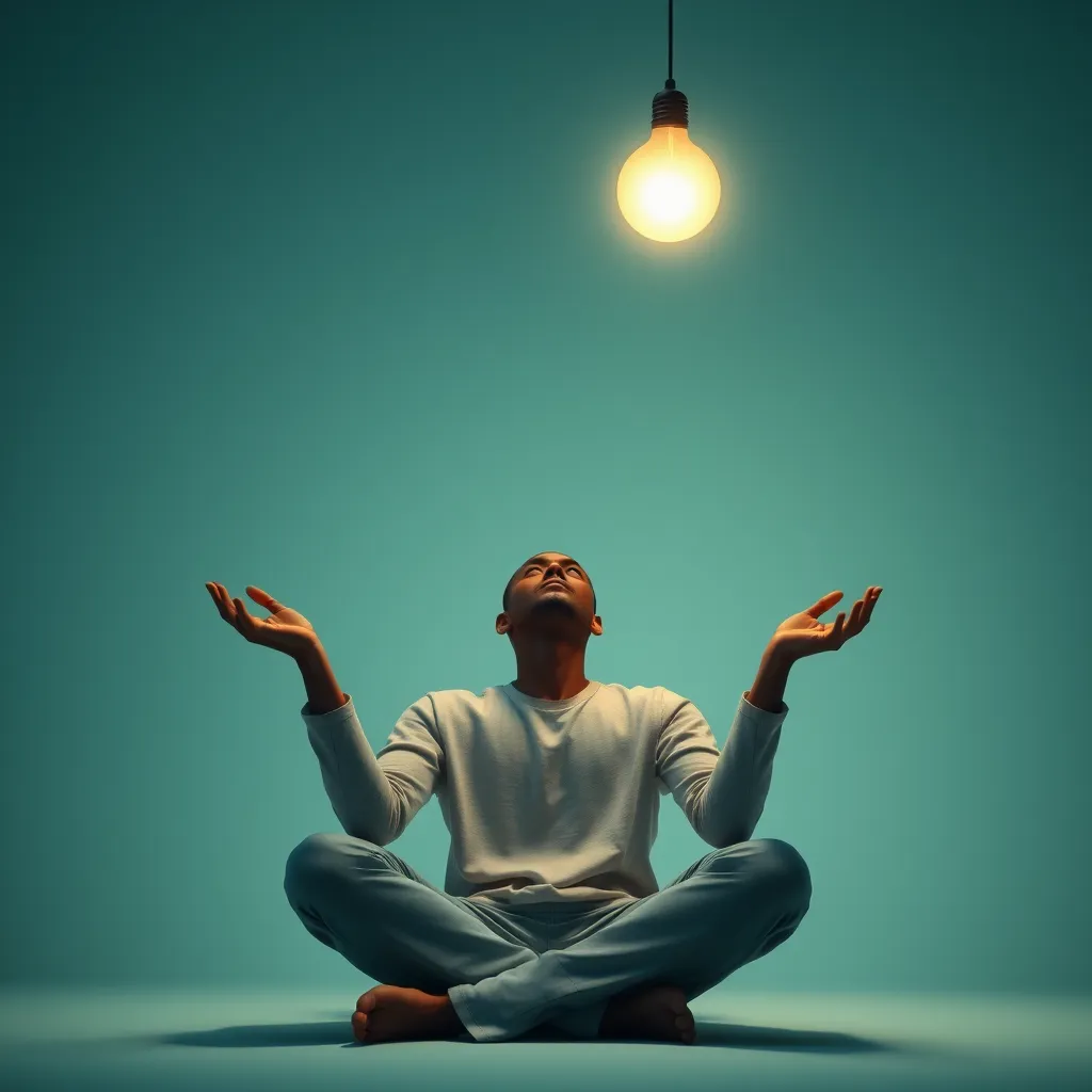 A person sitting in a relaxed pose in a serene environment with a light bulb above their head emitting a soft glow, symbolizing the power of the mind to process and release stress. The background should be a calming color palette, such as shades of blue and green.