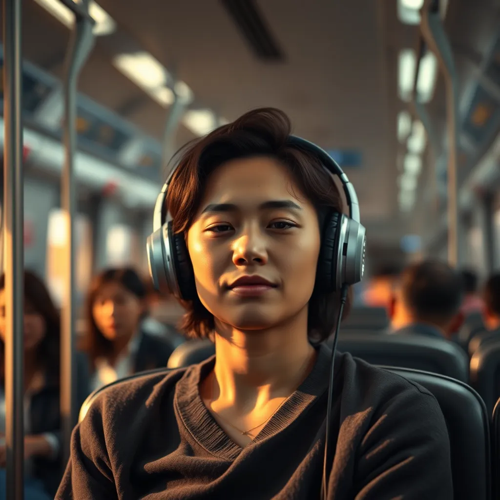 A person sitting in a train, wearing noise-canceling headphones, with a serene expression on their face. The background is a blurry image of the train interior with passengers, creating a sense of calm and peace.