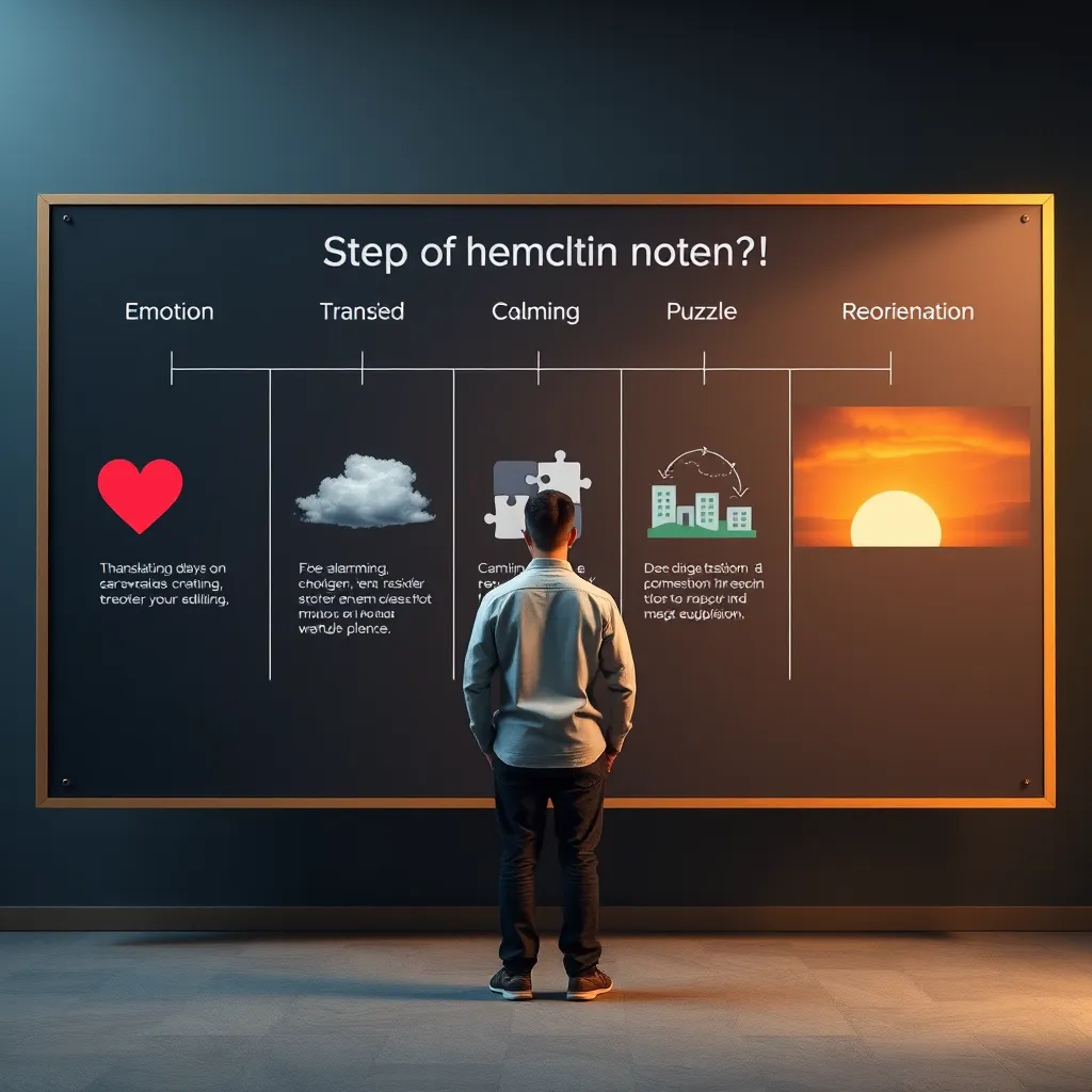 A person standing in front of a large board with five steps outlined on it, each step representing a different stage of the Emoflex method. Each step is accompanied by a relevant image, such as a heart for emotion, a swirling cloud for translation, a calming scene for de-alarming, a puzzle for processing, and a sunrise for reorientation.