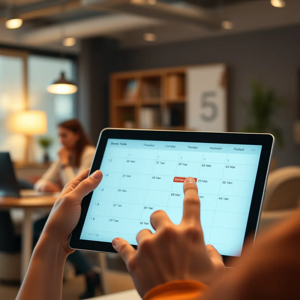 A person using a tablet to adjust their time blocks on a digital schedule. The scene is set in a dynamic environment, showcasing a mix of work and personal life, with a focus on flexibility and adaptability.