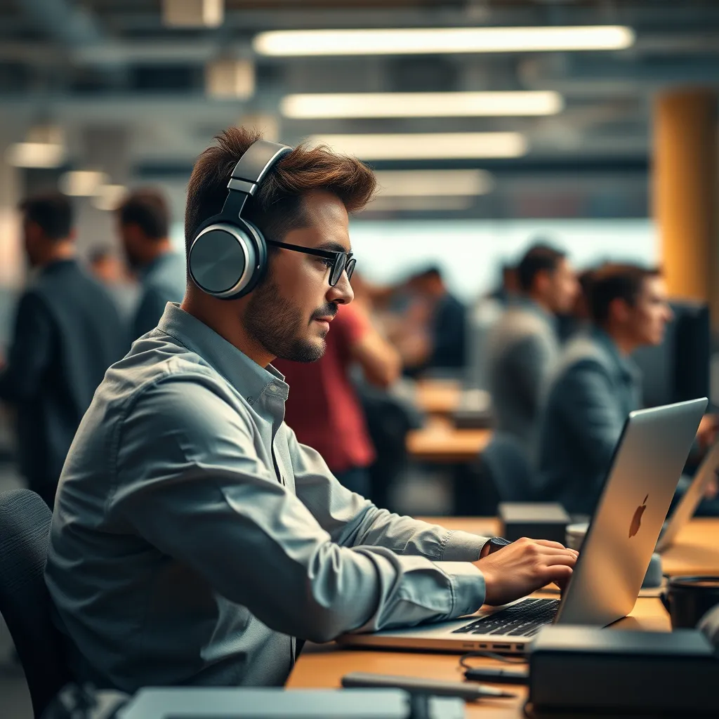 A person wearing noise-canceling headphones, sitting at a desk with a laptop, working on a project. The background is a busy office environment with lots of people and noise. The person looks calm and focused.