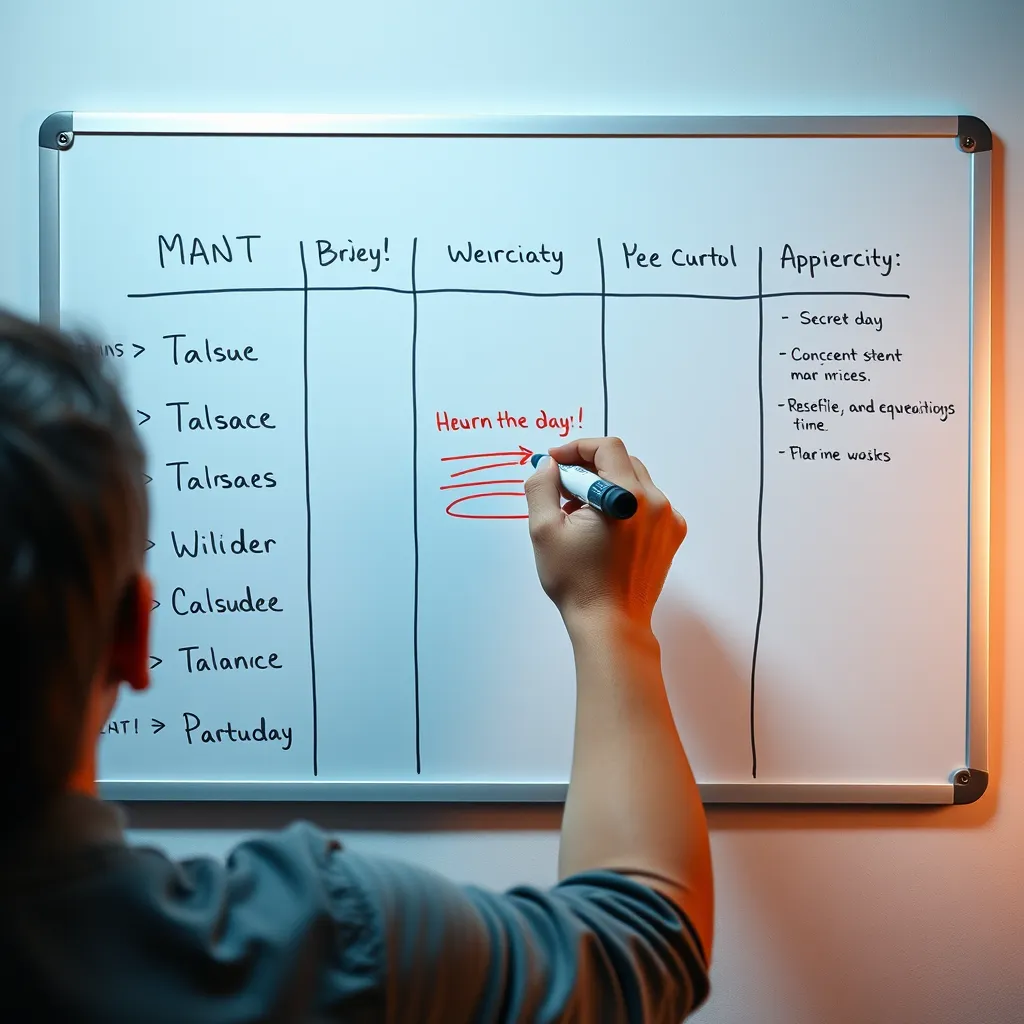 A person with a whiteboard in front of them, brainstorming and writing down different tasks. They are using different colored markers to highlight the most important tasks. The whiteboard is divided into different time blocks, each representing a different part of the day.