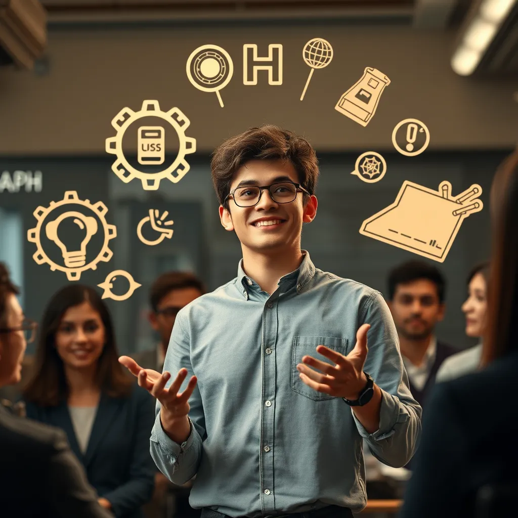 A person with ADHD is confidently presenting a project or idea to a group of people. They are surrounded by symbols representing their strengths and talents, highlighting their positive attributes and demonstrating their ability to contribute despite their challenges.