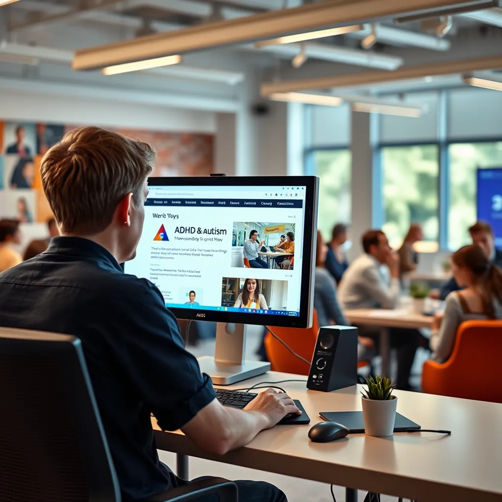 A person with ADHD is sitting at a computer, looking at a screen with a website that provides information on ADHD and autism. In the background, there are other people engaging in discussions and workshops, showcasing the diverse ways to learn and connect. The overall scene should be bright and welcoming, emphasizing the accessibility of knowledge and resources.