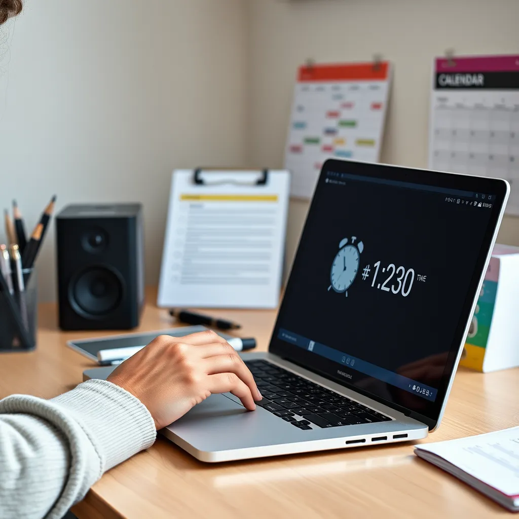 A person with ADHD is using a time management app on their laptop, with a timer set for a specific task. They are working in a quiet and organized workspace, with a clear to-do list and a colorful calendar on their desk.