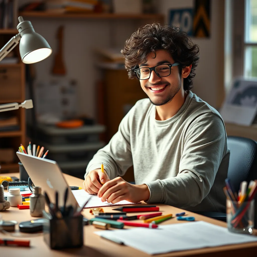 A person with ADHD sitting at a desk, working on a creative project. They are smiling and looking focused, surrounded by tools and materials for their project. The image should emphasize the person's strengths and abilities, showcasing their creativity and productivity.
