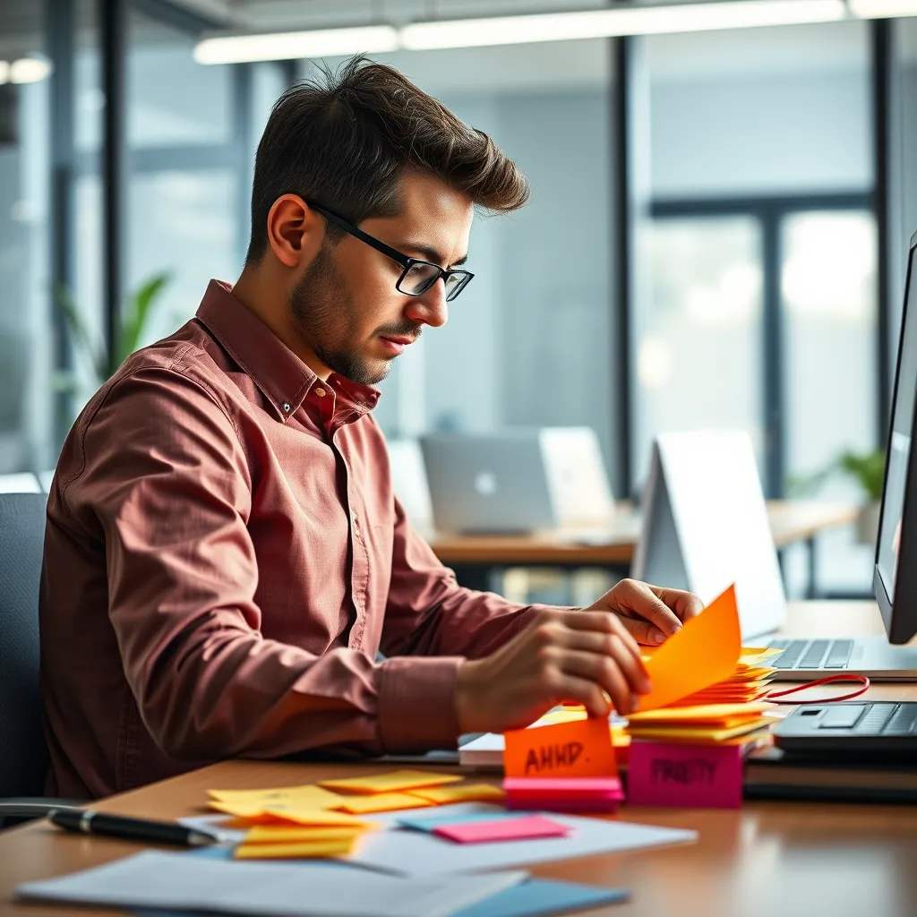 A person with ADHD sitting at a desk, organizing sticky notes with tasks written on them, using different colors to represent priorities. The background is a bright, modern office with natural light streaming in.