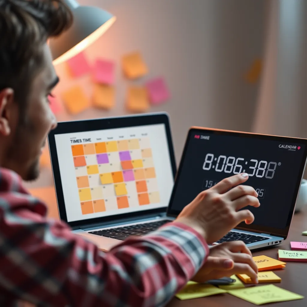 A person with ADHD using a digital calendar with colorful time blocks on a laptop, with a timer counting down, surrounded by motivational sticky notes and a happy expression.