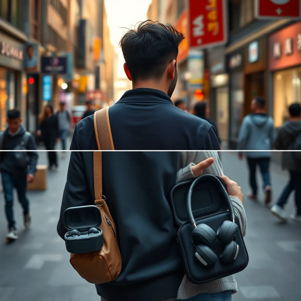 A person with ADHS carrying a small, sleek case containing in-ear headphones, walking through a bustling city street, while a separate image shows a person struggling to carry a larger, bulkier case with over-ear headphones.