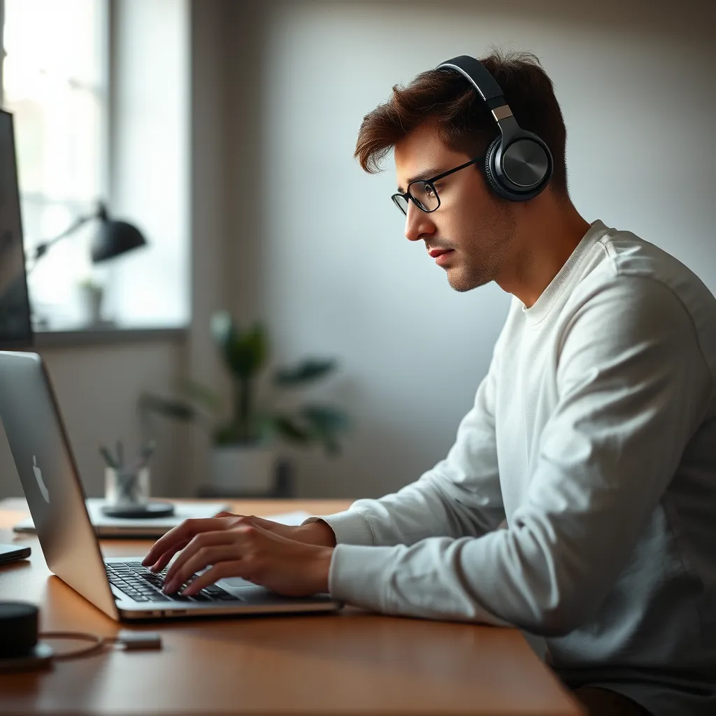 A person with ADHS sitting at a desk with a laptop, using a noise-canceling headphones. The person has a focused expression on their face and is working on a task with a clear mind. The background is a minimalist workspace with natural light.