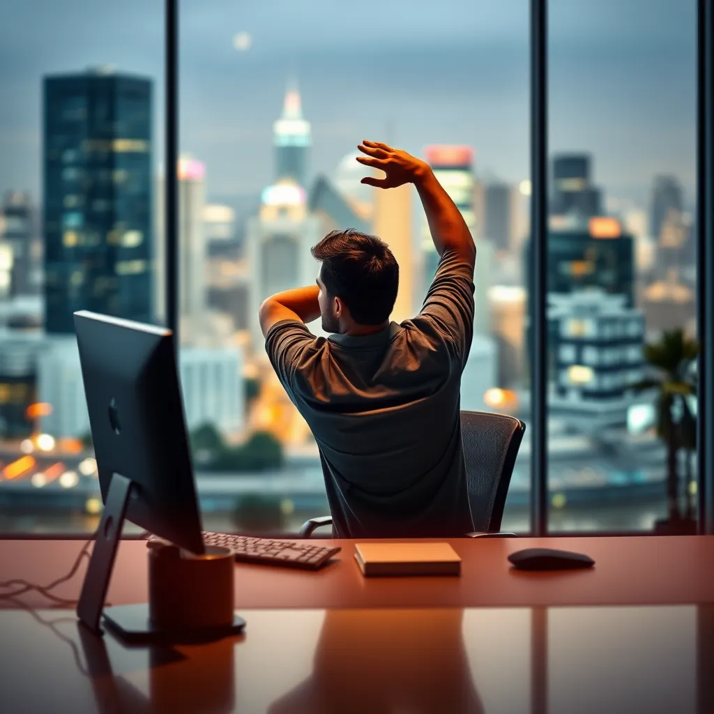 A person working at a computer, taking a break to stretch and walk around the room.  The background is a blurred image of a city, symbolizing the busy, fast-paced world.  The person appears relaxed and rejuvenated, highlighting the importance of breaks.