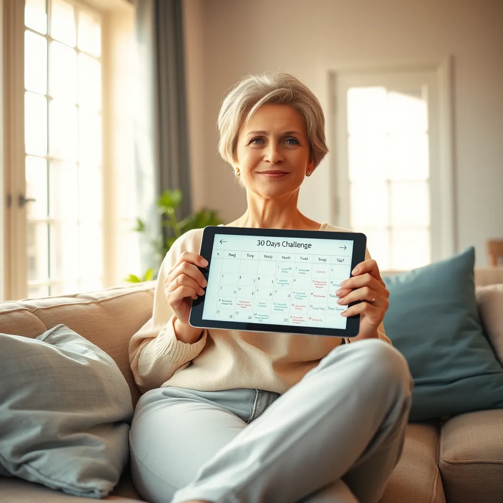 A photorealistic, 8K resolution image of a woman in her late 40s or early 50s with short, stylish grey hair, wearing comfortable yet chic clothing, sitting on a cozy sofa in a bright and airy living room. She's holding a tablet displaying a calendar with '30 Days Challenge' written on it and a list of daily tips. The image is bathed in warm, natural light streaming through a large window. The colors are soft and calming, with pastel blues, greens, and yellows. The overall mood is one of relaxation and empowerment. The camera angle is slightly above her, capturing a sense of intimacy and connection. The sofa is a soft, plush material with throw pillows in various shades of blue. There's a small, green plant in the corner, adding a touch of life and vibrancy to the scene. The image is styled after the work of photographer Annie Leibovitz, with a focus on capturing authentic moments and emotions.