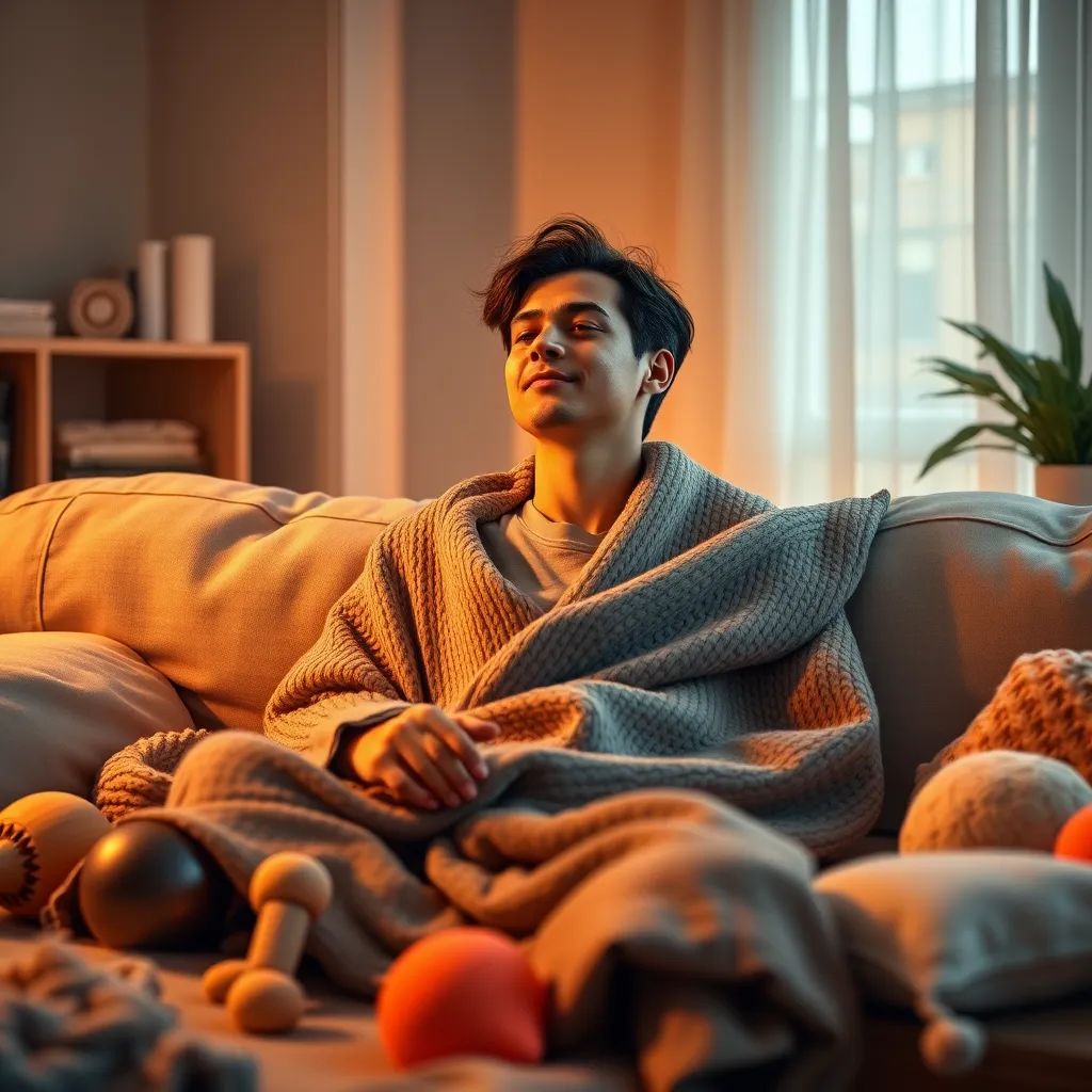 A photorealistic, high-resolution image of a person with ADHD sitting on a comfortable sofa, surrounded by various sensory tools. The person is wearing a weighted blanket and has a fidget toy in their hand.  The room is bathed in soft, warm lighting, creating a sense of calm and relaxation. The image showcases a curated collection of sensory tools, such as calming music, aroma diffusers, fidget toys, and soft textured objects. The person's expression should be relaxed and tranquil, showcasing the soothing effects of these tools.  The image should have a warm, inviting color palette with a focus on soft, natural textures like wool, cotton, and wood. The image should convey a sense of peace and mindfulness, highlighting the positive impact of sensory tools on individuals with ADHD.