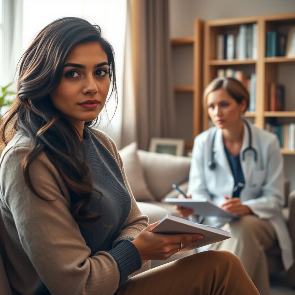 A photorealistic, ultra-detailed image of a woman with ADHD sitting in a therapist's office. She is looking directly at the camera, conveying both strength and vulnerability. The therapist, a female doctor, is sitting across from her, listening intently and writing notes on a notepad. The office is a calming environment, with soft, warm colors and natural light streaming through the window. The room is furnished with a comfortable couch, a desk, and a bookshelf filled with books on women's health and ADHD.  The image should be shot from a close-up perspective, emphasizing the connection between the therapist and the woman. The lighting should be soft and diffused, creating a warm and intimate atmosphere. The image should have a high level of detail, capturing the texture of the woman's clothing, the therapist's hand writing on the notepad, and the subtle expressions on their faces. The overall mood should be one of understanding, support, and empowerment, reflecting the unique challenges faced by women with ADHD.