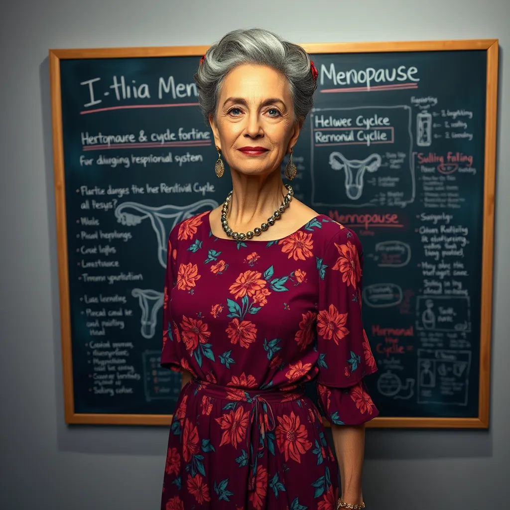 A photorealistic, ultra-detailed image of a woman in her late 50s or early 60s with silver hair styled in a chic updo, wearing a flowy dress in a vibrant floral pattern. She is standing confidently in front of a large chalkboard covered in handwritten notes and diagrams about the female reproductive system and menopause. The image is illuminated by soft, diffused lighting, casting subtle shadows on the wall behind her. The colors are rich and saturated, with shades of burgundy, teal, and gold. The overall mood is one of empowerment, knowledge, and self-acceptance. The camera angle is eye-level, creating a sense of direct connection with the viewer. The chalkboard is covered in vibrant, chalk-drawn illustrations, depicting the various stages of the menstrual cycle and the hormonal changes during menopause. The background is a calming, neutral grey wall, allowing the woman and the chalkboard to stand out as the main focus. The image is styled after the work of painter Frida Kahlo, with a focus on capturing the beauty and strength of women.