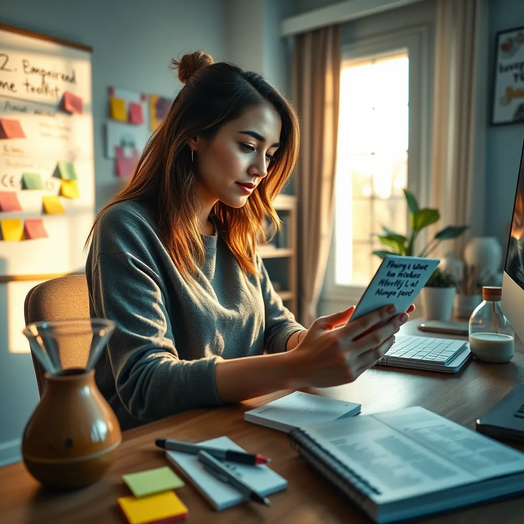 A photorealistic, ultra-high quality image depicting a woman sitting at a desk, working on a personalized Emoflex toolkit. The setting is a cozy home office with natural light streaming through the window, casting warm, diffused light on the scene. The woman is focused and engaged, surrounded by inspiring elements like a whiteboard with handwritten notes, a collection of colorful sticky notes, a calming aroma diffuser, and a notebook filled with personal affirmations. The woman is wearing comfortable, casual clothes, radiating a sense of purpose and empowerment. The image should convey a sense of creativity, individuality, and self-discovery. The camera angle should be close-up, focusing on the woman's hands as she interacts with the toolkit, emphasizing the process of creation and personalized growth. The style should be similar to the work of photographer David LaChapelle, capturing vibrant colors and a sense of optimistic energy.