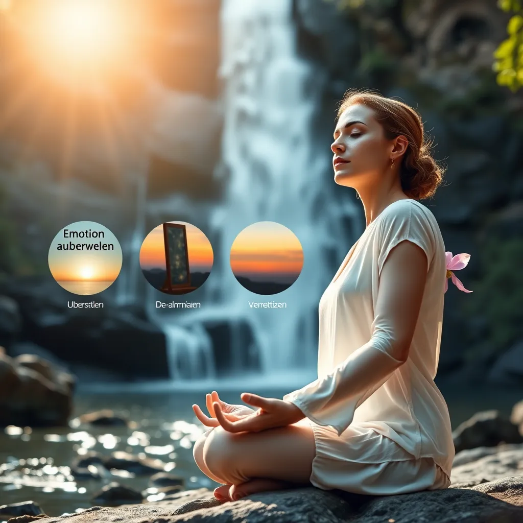 A photorealistic, ultra-high quality image showcasing the 5 steps of the Emoflex method. The image should depict a woman meditating in a serene setting with a waterfall in the background. The image should be composed with the waterfall in the background and the woman in the foreground, with the focus on the woman. The image should be lit with natural light, casting soft shadows on the woman and the surrounding environment. The color palette should be a combination of calming colors like blues, greens, and whites. The image should evoke a sense of peace, tranquility, and rejuvenation. Each step of the Emoflex method should be represented by a visual element, such as a flowing stream for 'Emotion auswählen', a mirror for 'Übersetzen', a calming sunset for 'De-alarmieren', a blooming flower for 'Verarbeiten', and a radiant sunrise for 'Neu Orientieren'. The image should be in the style of a nature-inspired painting, with a focus on detail and realism. The camera angle should be from a low perspective, looking up at the woman, emphasizing her connection to nature and her inner peace.