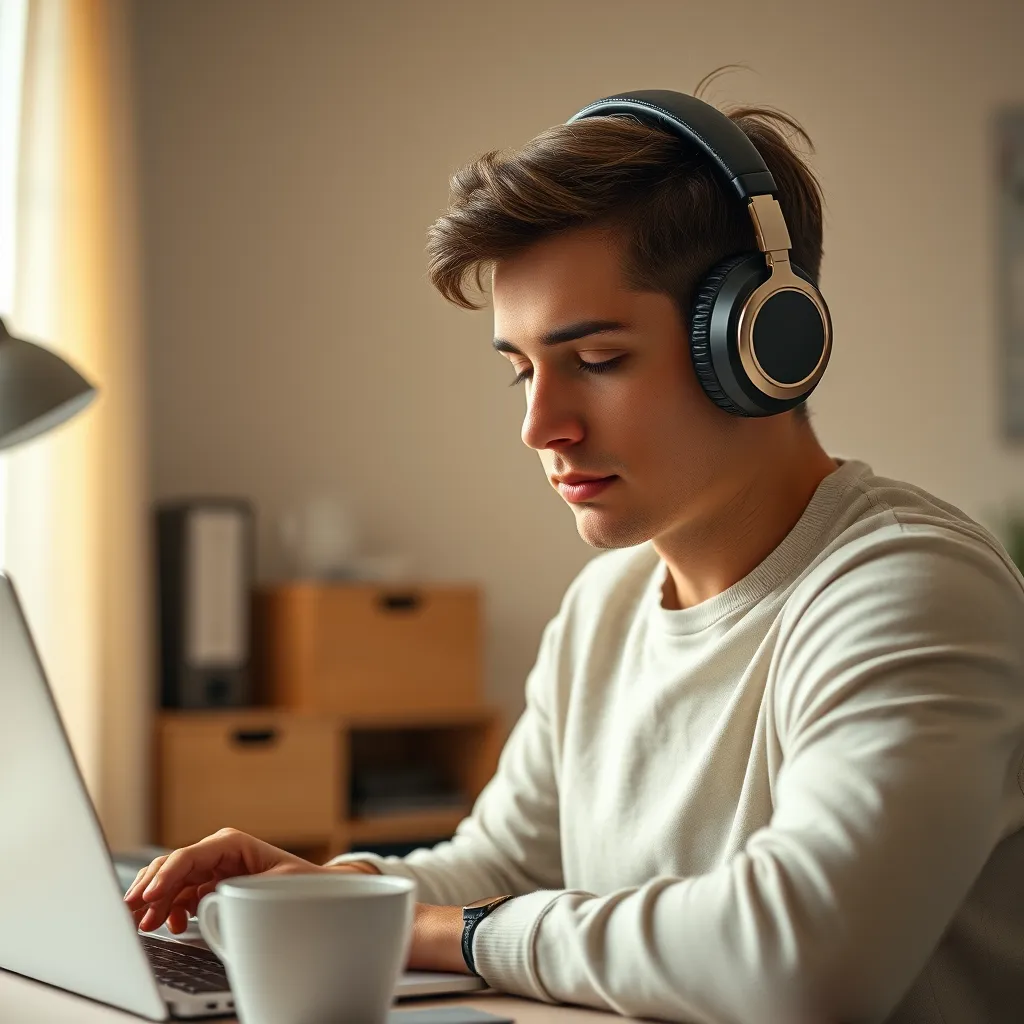 A photorealistic, ultra-high quality image of a person with ADHD sitting at a desk in a home office, wearing noise-canceling headphones. They are focused on their work, with a laptop in front of them and a cup of coffee on the desk. The background should be a minimalist and organized workspace with soft, diffused lighting. The image should convey a sense of calm and focus, with a focus on the details of the headphones and the person's relaxed facial expression. Use a warm, neutral color palette to create a peaceful mood. Capture the scene from a slightly elevated angle, looking down at the person, highlighting the headphones and their effect on the individual's concentration. The headphones should be sleek and modern, with a focus on the noise-canceling technology, using textures like leather and metal. The person should have a calm and focused expression, conveying a sense of relief from distractions.  The image should have an 8K resolution and be hyperrealistic in style, capturing every detail with a high level of realism.