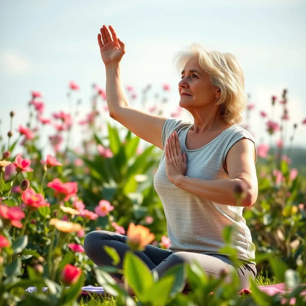 A photorealistic illustration of a woman in her 50s practicing yoga outdoors, surrounded by blooming flowers and green plants, showcasing a healthy and balanced lifestyle during menopause.