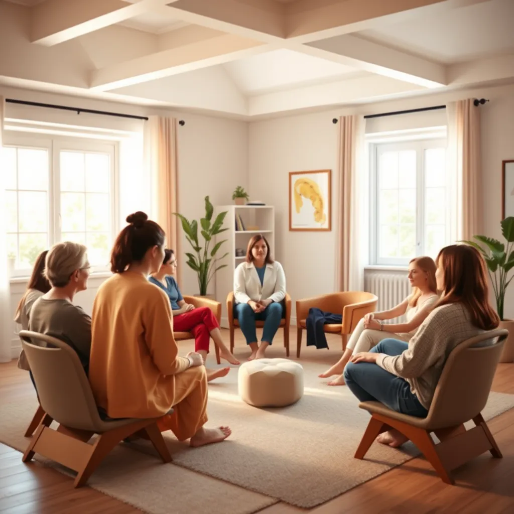 A photorealistic image of a group of people sitting in a circle in a bright and airy therapy room. The room is decorated with calming colors and features natural light streaming through large windows. The group members are engaged in a conversation, sharing their experiences and supporting each other. The therapist is sitting amongst the group, guiding the conversation and fostering a sense of community. The image should be captured from a slightly elevated angle, showcasing the open and welcoming atmosphere of the group therapy session. The image should be rendered in 8K resolution with ultra-detailed textures and a warm color palette.