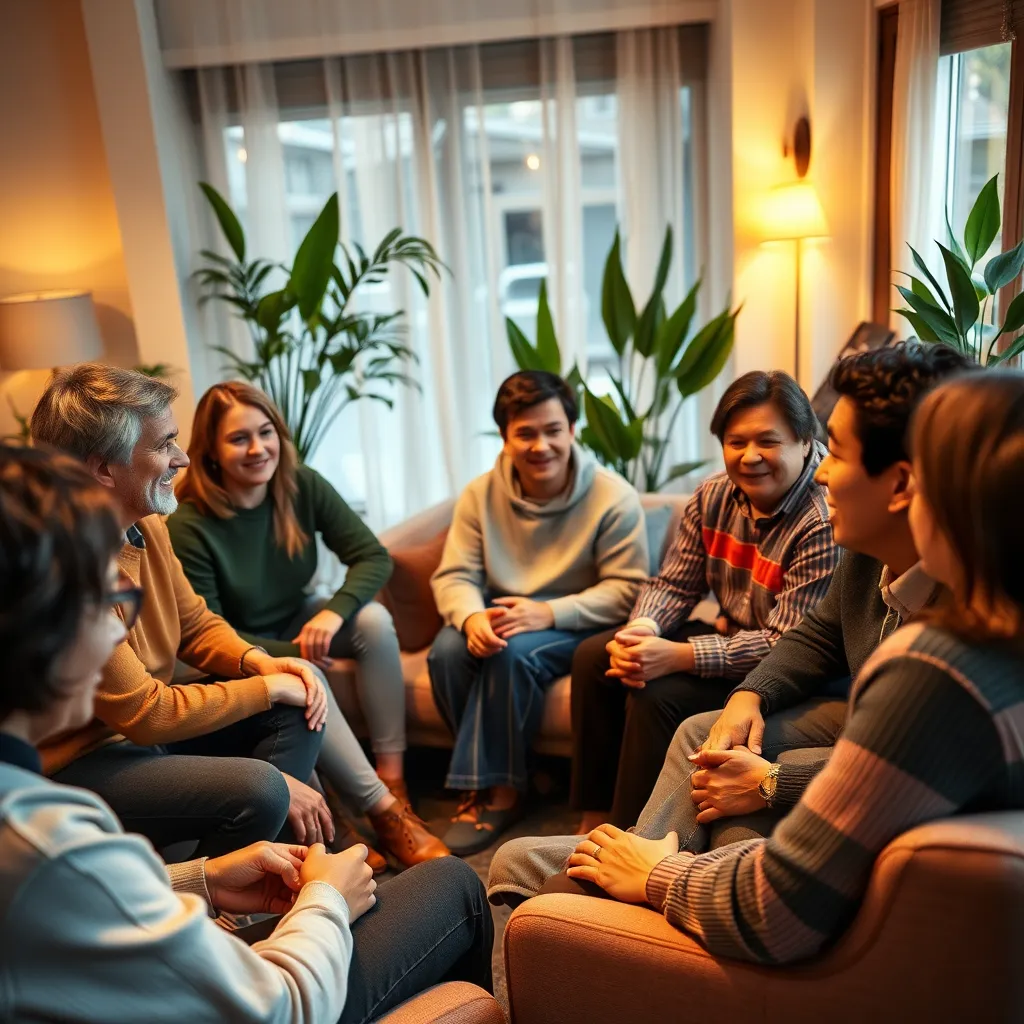 A photorealistic image of a group of people with ADHD sitting in a circle, engaged in a conversation. The group is diverse and welcoming, with people of different ages, ethnicities, and backgrounds. The setting is a cozy and comfortable room with soft lighting, comfortable seating, and plants. The image should convey a sense of community, connection, and support. The colors should be warm and inviting, and the overall mood should be friendly and supportive. The camera angle should be slightly high, capturing the group from a slightly above perspective. The image should be rendered in 8K resolution with hyperrealistic detail, emphasizing the expressions on the faces of the group members. The lighting should be soft and warm, highlighting the faces and creating a sense of intimacy. The image should evoke a sense of belonging and acceptance.