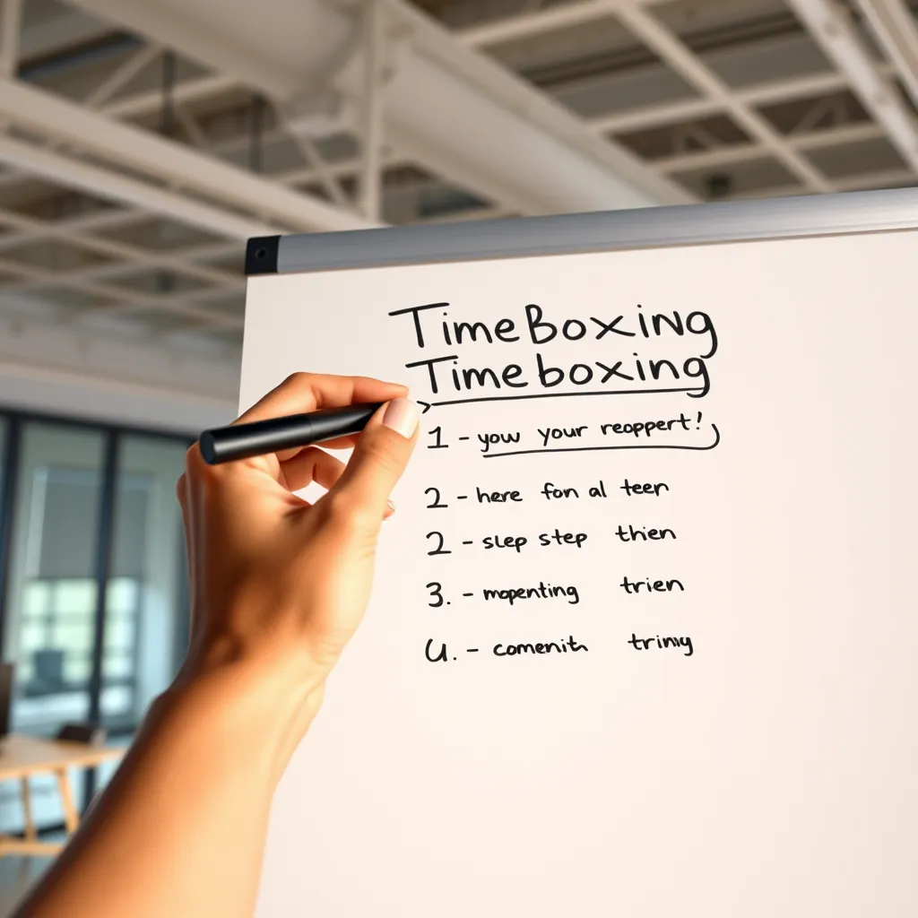 A photorealistic image of a hand holding a whiteboard marker, writing on a whiteboard with a step-by-step guide to timeboxing for ADHD. The whiteboard is positioned in a modern and minimalist office space with natural light. The image should convey a sense of clarity and order. The colors should be bright and engaging, and the overall mood should be positive and encouraging. The camera angle should be slightly low, looking up at the whiteboard. The image should be rendered in 8K resolution with hyperrealistic detail, emphasizing the texture of the whiteboard marker, whiteboard, and the office space. The lighting should be bright and diffused, highlighting the whiteboard and the text written on it. The image should evoke a sense of confidence and empowerment.