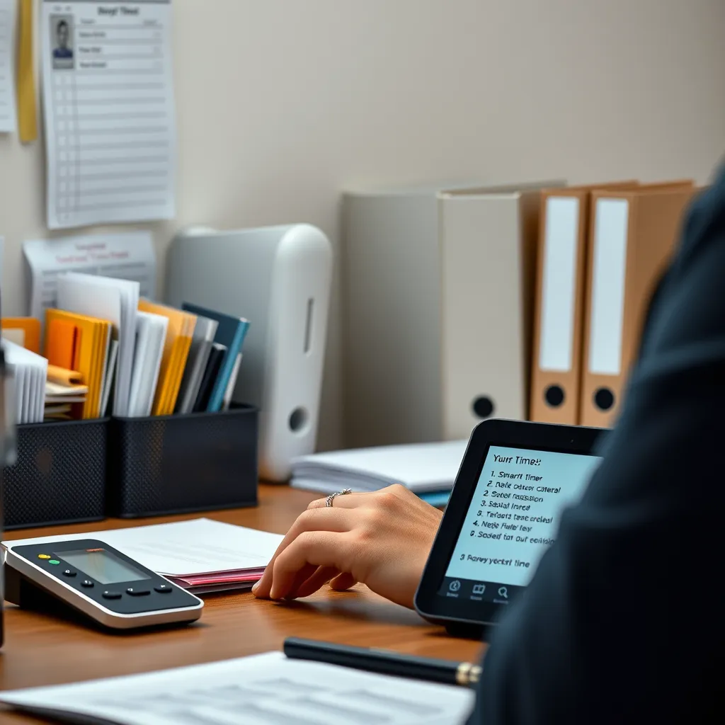 A photorealistic image of a person using a smart timer to track their work sessions. The person has a desk organizer with various files and papers, and a digital note-taking device with a list of tasks. The image should depict a visually organized and efficient work environment.