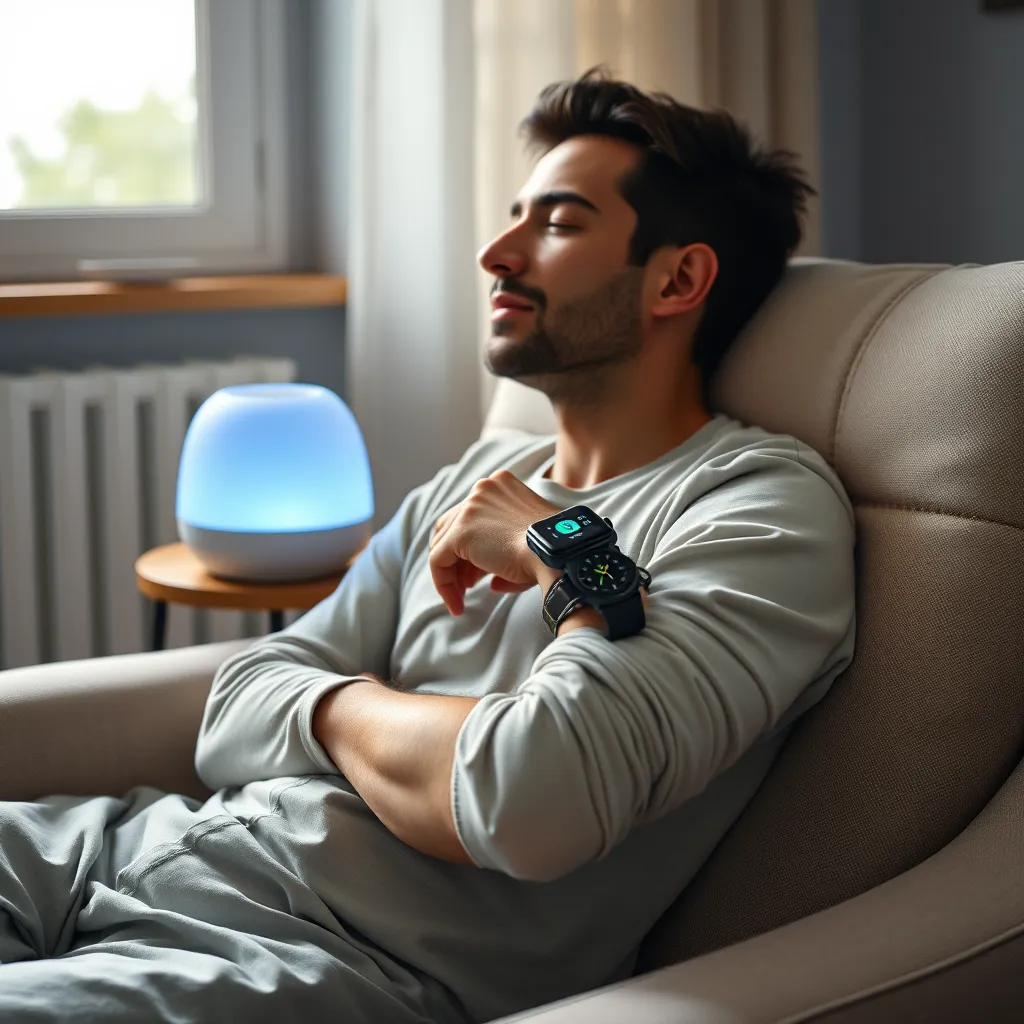 A photorealistic image of a person sitting in a comfortable chair, using a white noise machine to relax. The person is wearing a smartwatch that displays their daily activity and sleep data. The image should evoke a sense of calm and relaxation.