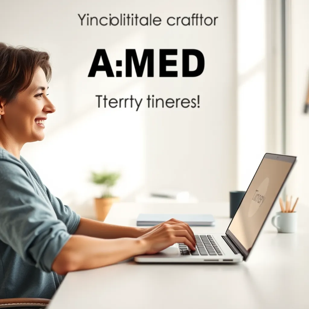 A photorealistic image of a person with ADHD sitting at a desk, using a timer app on their laptop to manage their time. They are smiling and appear focused and productive. The background is a clean, minimalist workspace with natural light streaming through a window. The image should convey a sense of calm and control. The colors should be bright and cheerful, and the overall mood should be positive and empowering. The camera angle should be slightly elevated, looking down on the person. The image should be rendered in 8K resolution with hyperrealistic detail, emphasizing the textures of the laptop, timer app, and workspace. The lighting should be soft and diffused, highlighting the person's face and the timer app. The image should evoke a sense of hope and possibility.
