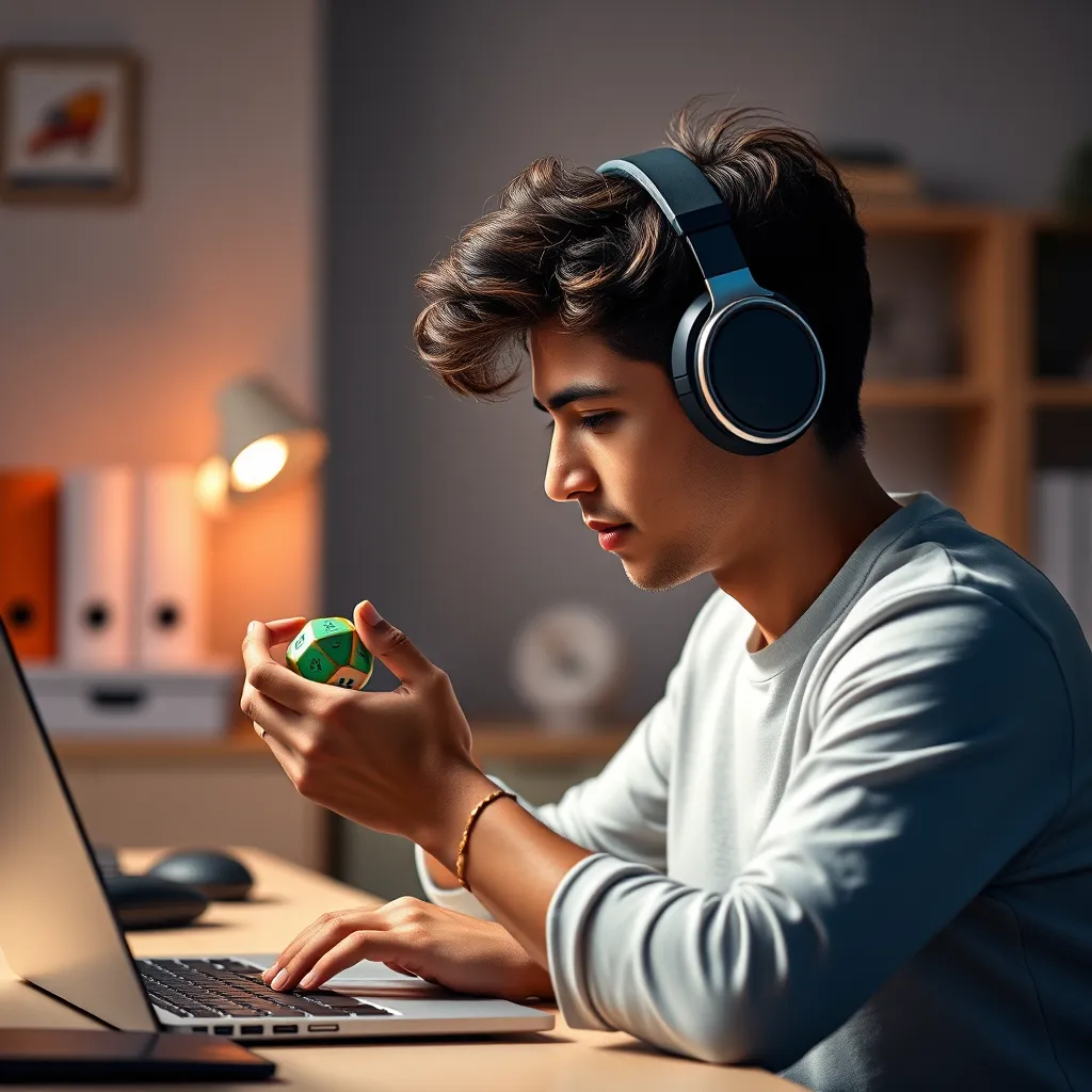A photorealistic image of a person wearing noise-cancelling headphones and holding a fidget cube. The person is focused on working on a laptop, with a clean and organized workspace. The image should convey a sense of calm and focus.
