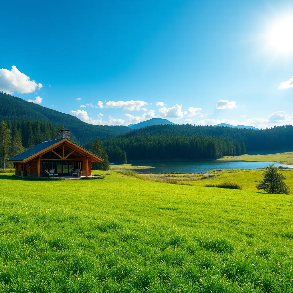 A photorealistic image of a scenic landscape with lush green meadows, a tranquil lake, and a majestic forest in the background. In the foreground, a comfortable, modern cabin with large windows overlooking the beautiful scenery. The sun is shining brightly, and the air is filled with the sound of birds singing.