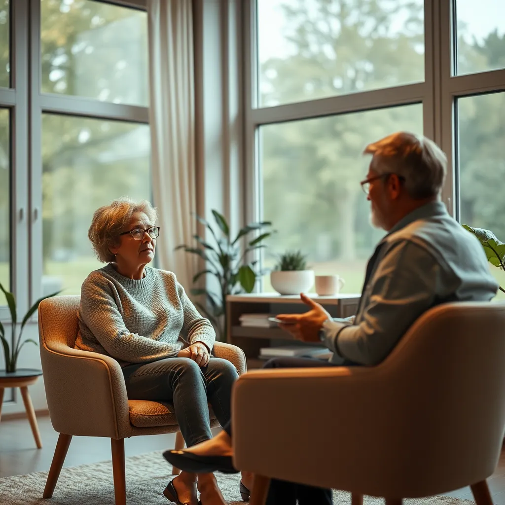 A photorealistic image of a therapist and patient sitting in a comfortable, well-lit office with large windows. The therapist is listening attentively to the patient, who is speaking with a concerned expression. The room is decorated with calming colors and features a warm and inviting atmosphere. The lighting is soft and diffused, creating a sense of tranquility and trust. The image should be captured from a slightly elevated angle, highlighting the connection between the therapist and the patient. The image should be rendered in 8K resolution with ultra-detailed textures and a warm color palette.
